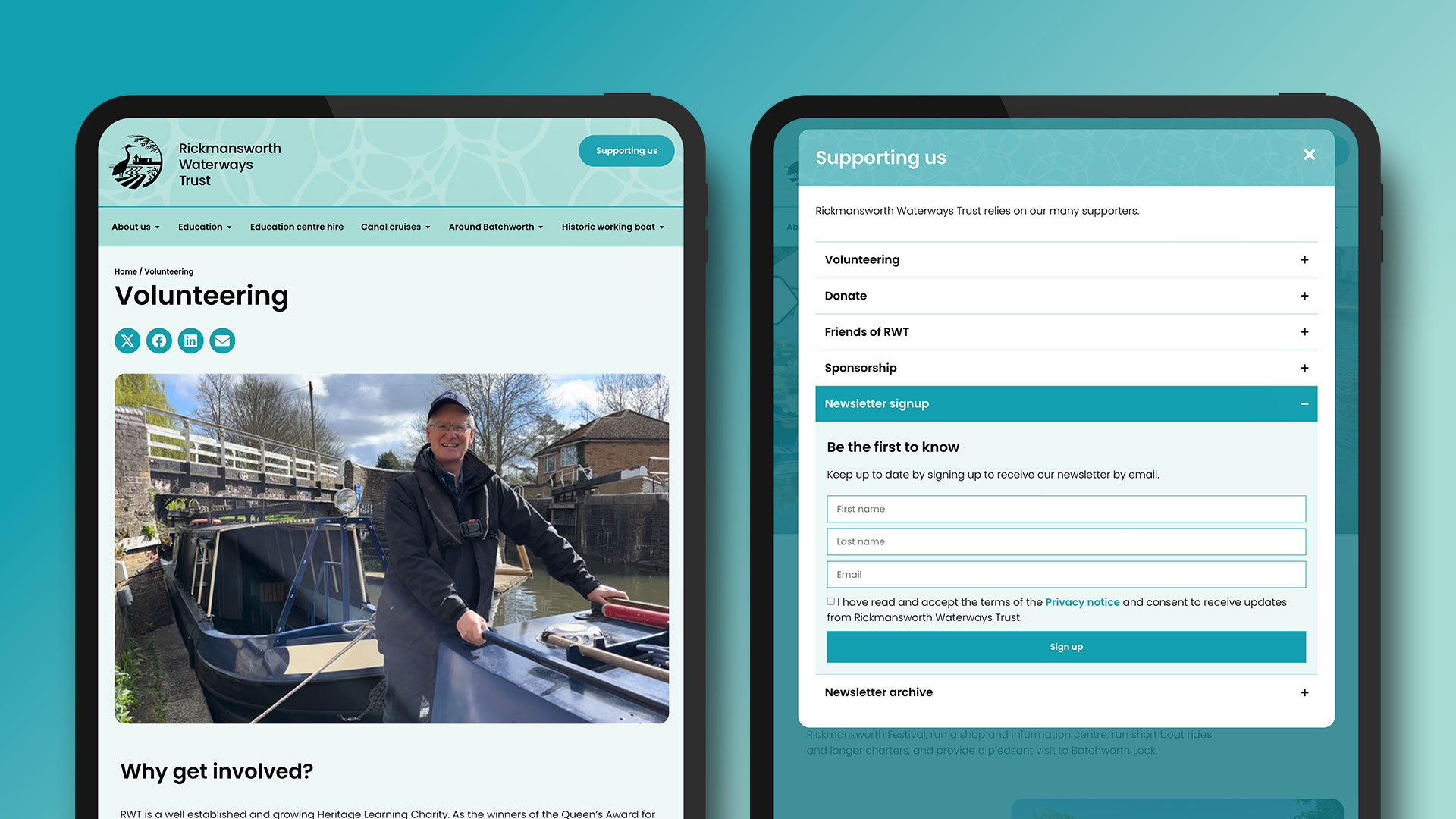 Rickmansworth Waterways Trust website volunteering page and support popup